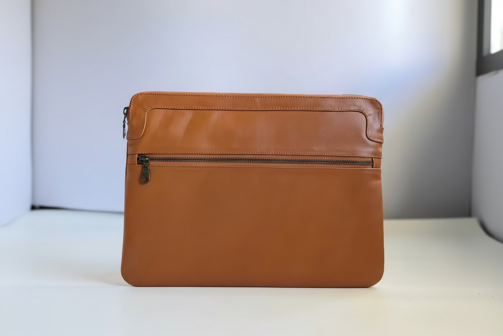 Caramel Brown leather pouch with a zipper on a white background