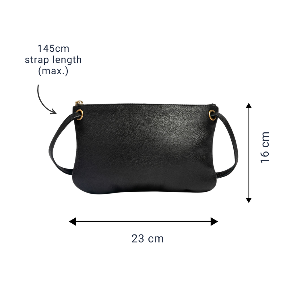 Black mini crossbody wallet
with measurements on a white background