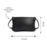 Black mini crossbody wallet
with measurements on a white background