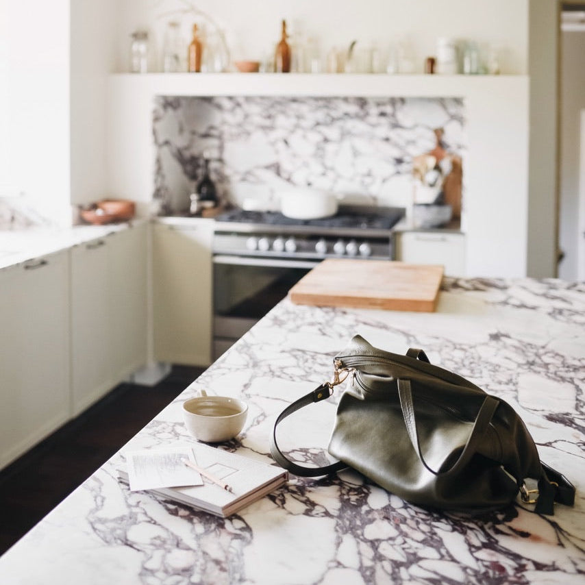 Rome Army Leather tote on kitchen bench