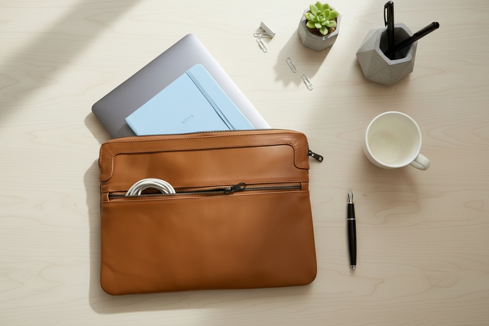 Caramel brown leather pouch with a laptop and notebook inside on a white background