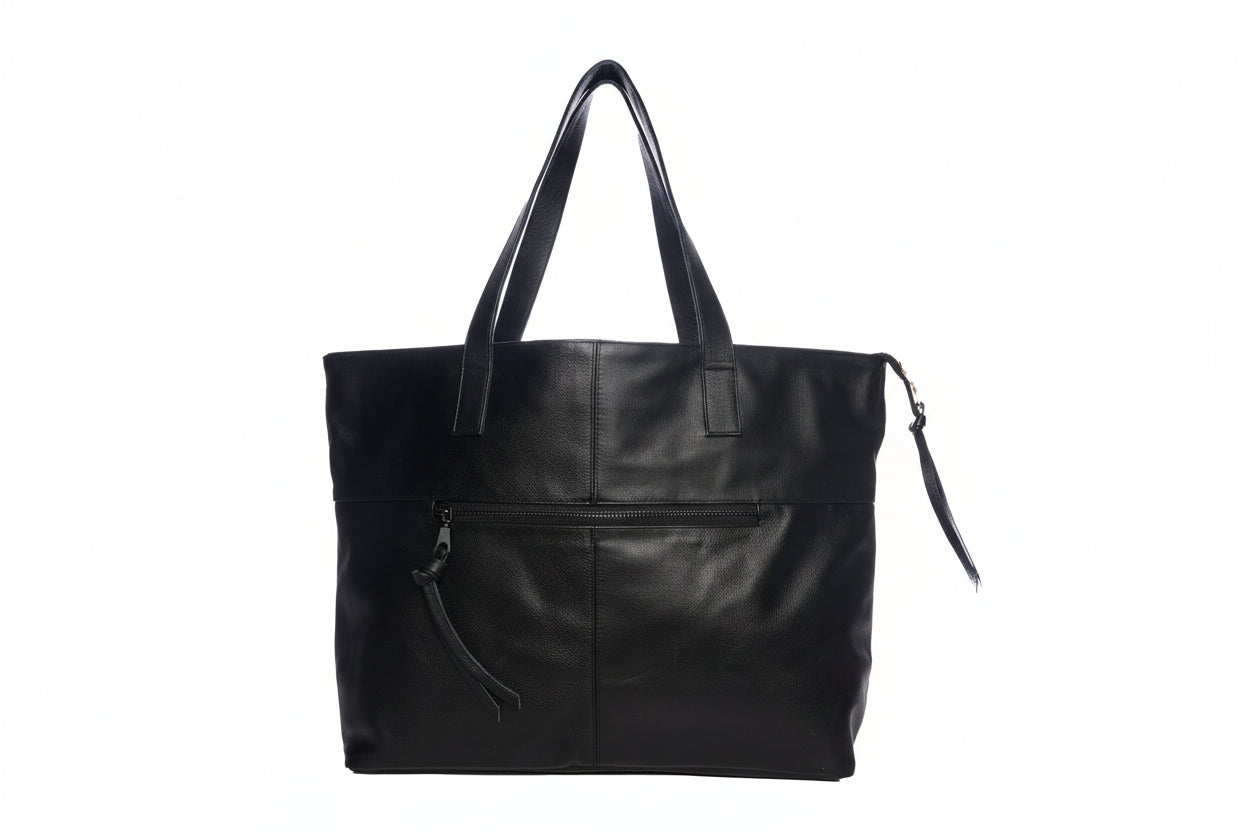 Black leather tote bag on a white background