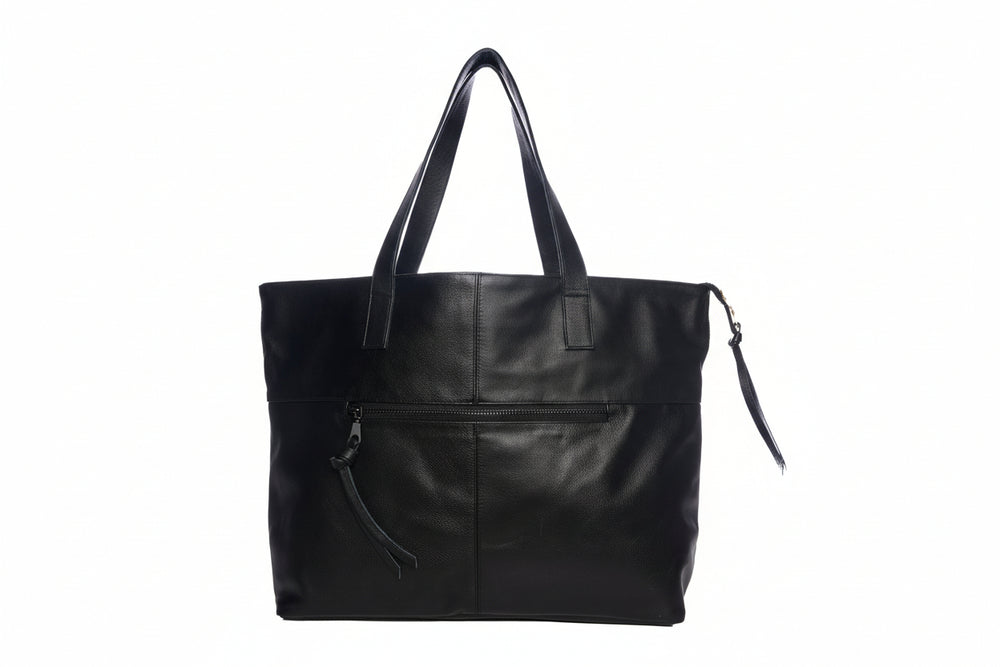 Black leather tote bag on a white background
