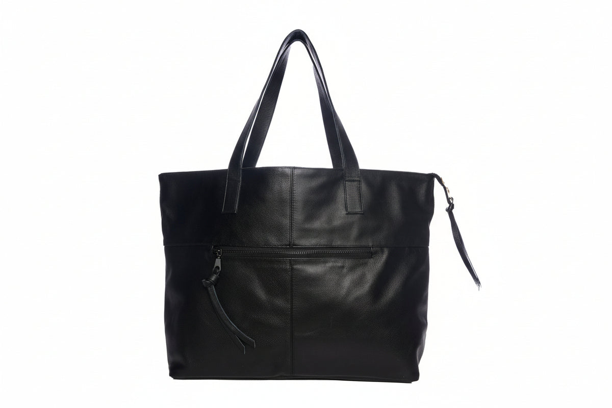 Black leather tote bag on a white background